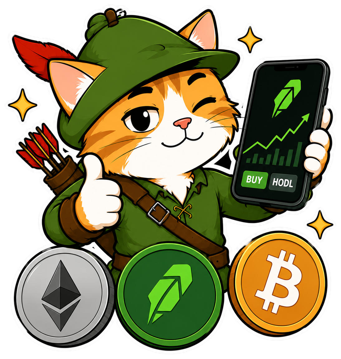 Purrhood cat with a thumbs up holding a phone chart: buy